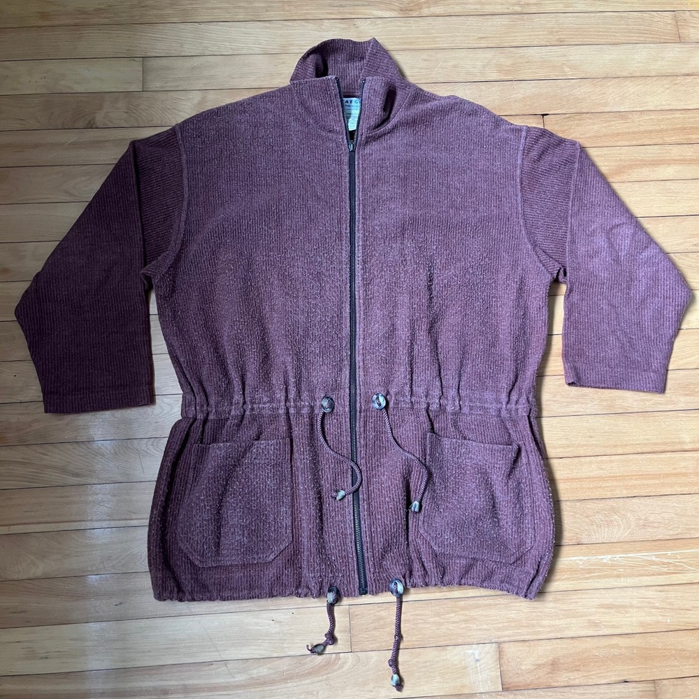 Jaeger Womens Ribbed Full Zip Cardigan Sweater Mauve Plum Cinched Waist Pockets